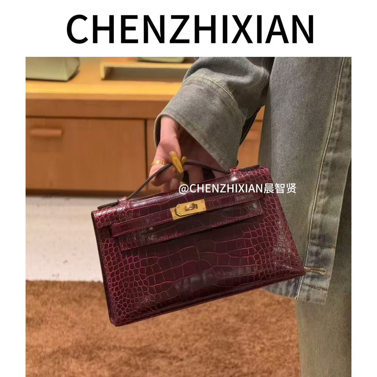 22cm Original Handmade Bag With Cowhide And Crocodile Pattern