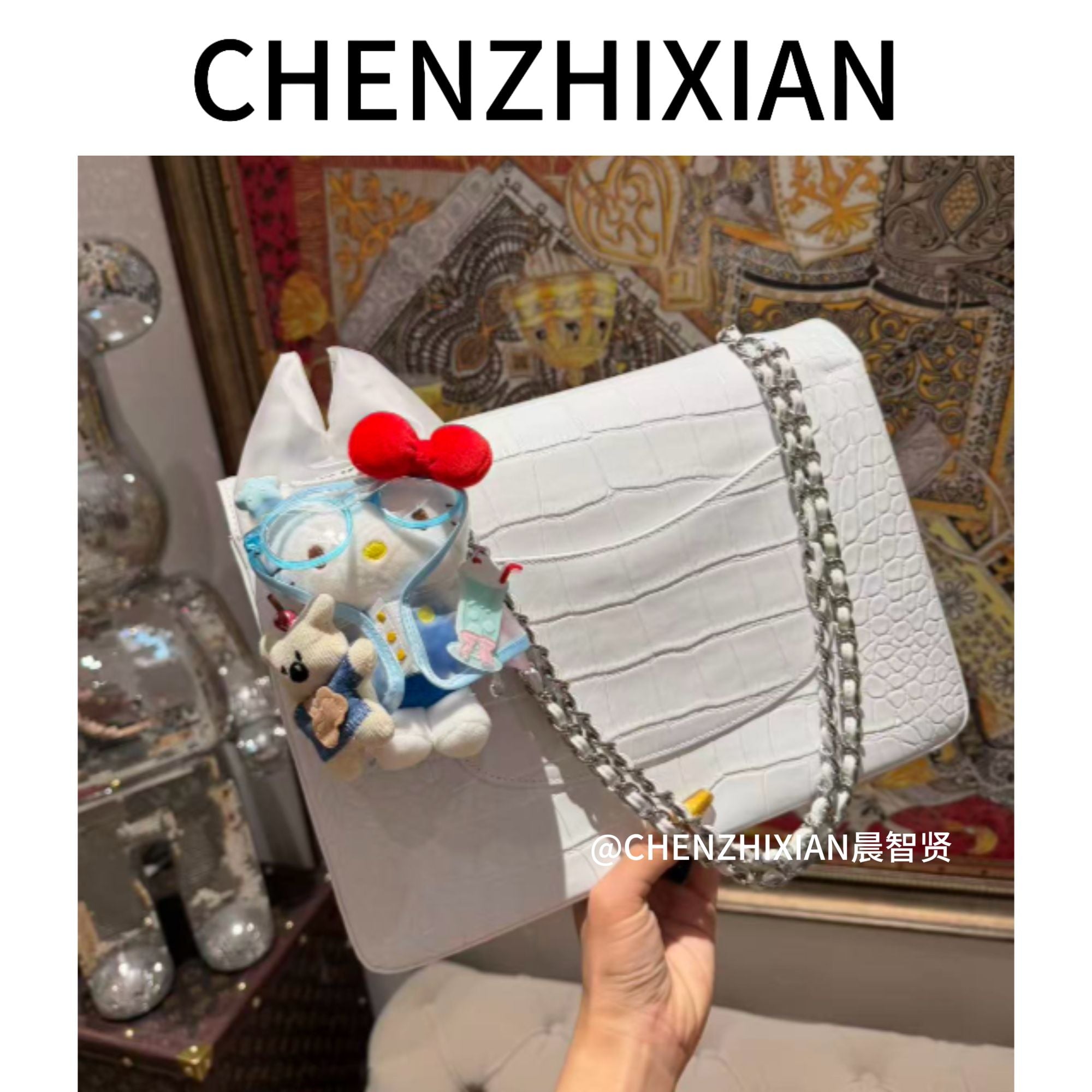 34cm crocodile-embossed multi-color shoulder/crossbody chain bag, Victoria Beckham bag