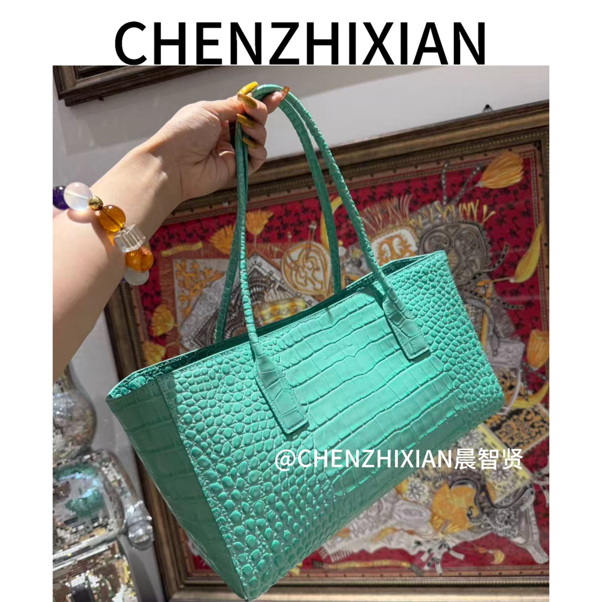 35cm mint green crocodile embossed and black tote bag