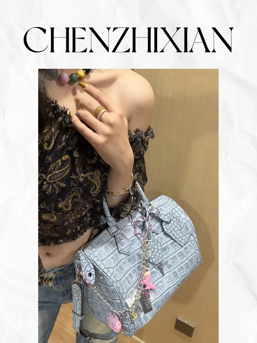 30cm Denim Blue Distressed Croc Embossed Tote Crossbody Bag