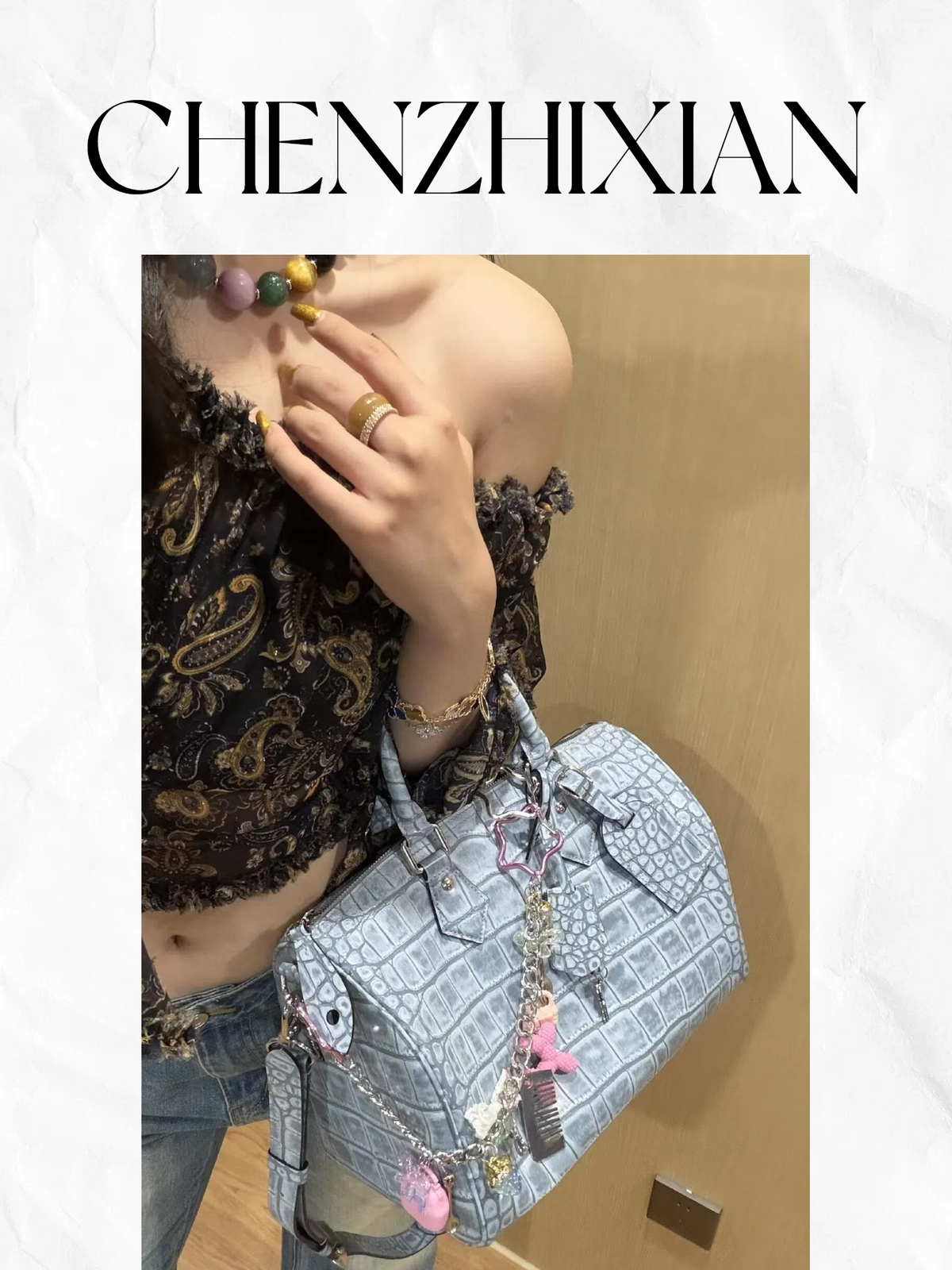 30cm Denim Blue Distressed Croc Embossed Tote Crossbody Bag