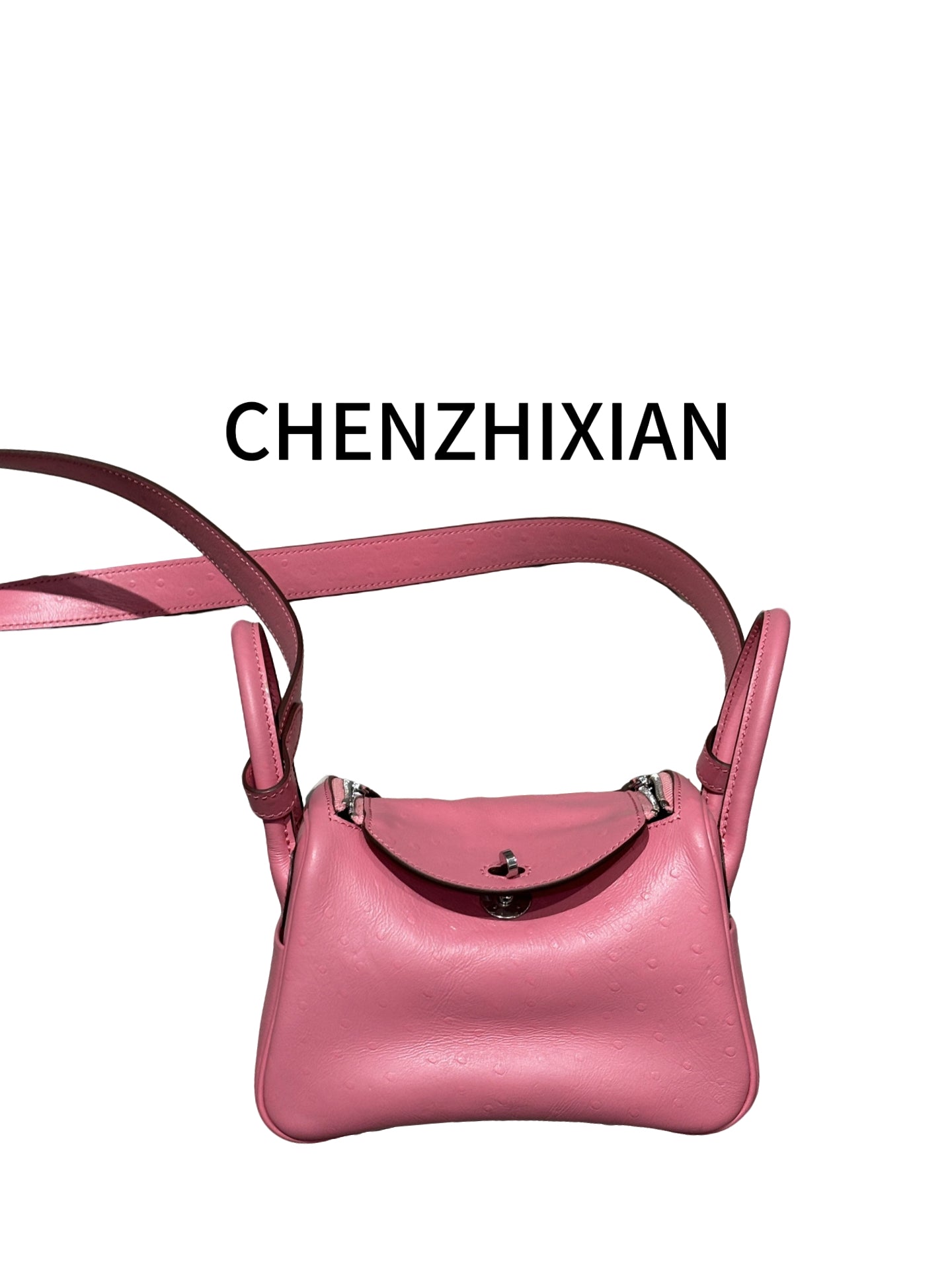 Ostrich embossed hardware all steel hand-held crossbody bag in pink