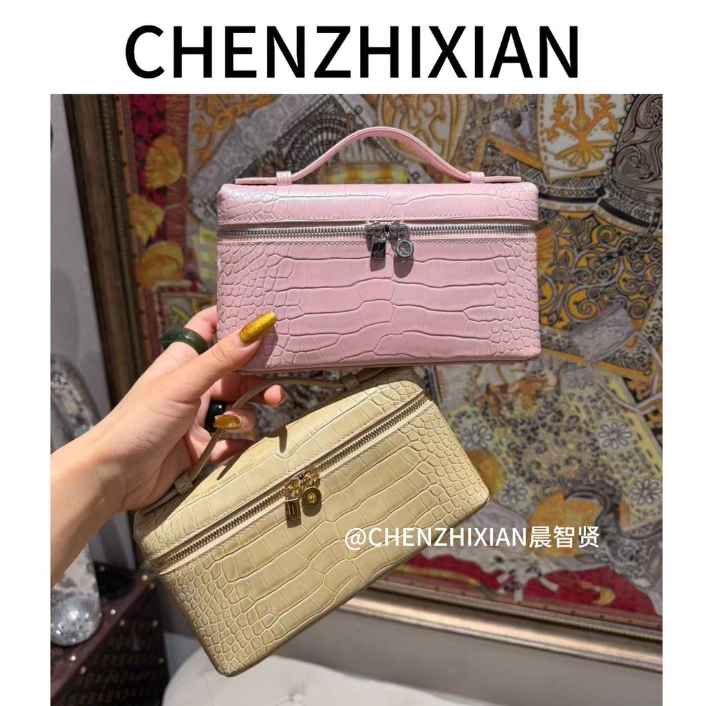 19cm pearl gold and pearl pink crocodile-embossed lunchbox bag