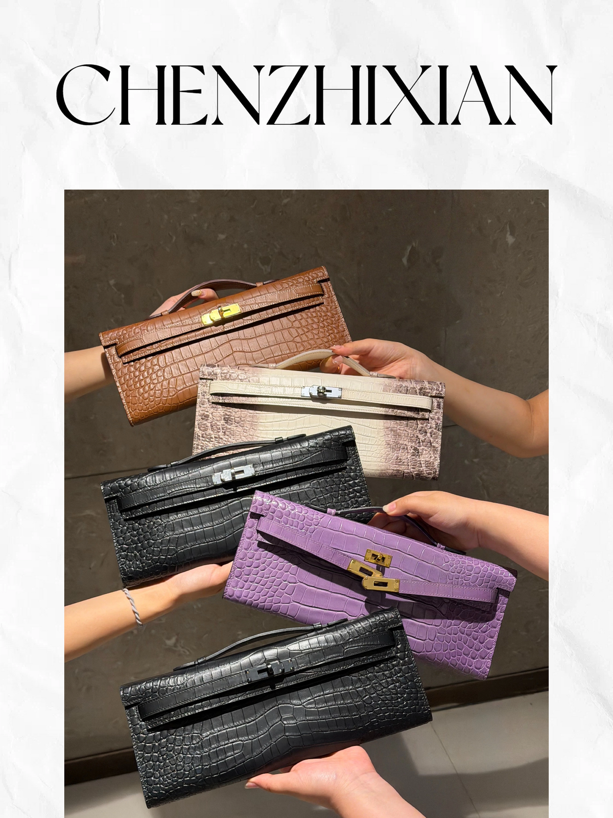 31cm crocodile-embossed handbag, made of cowhide leather, with all-steel hardware.