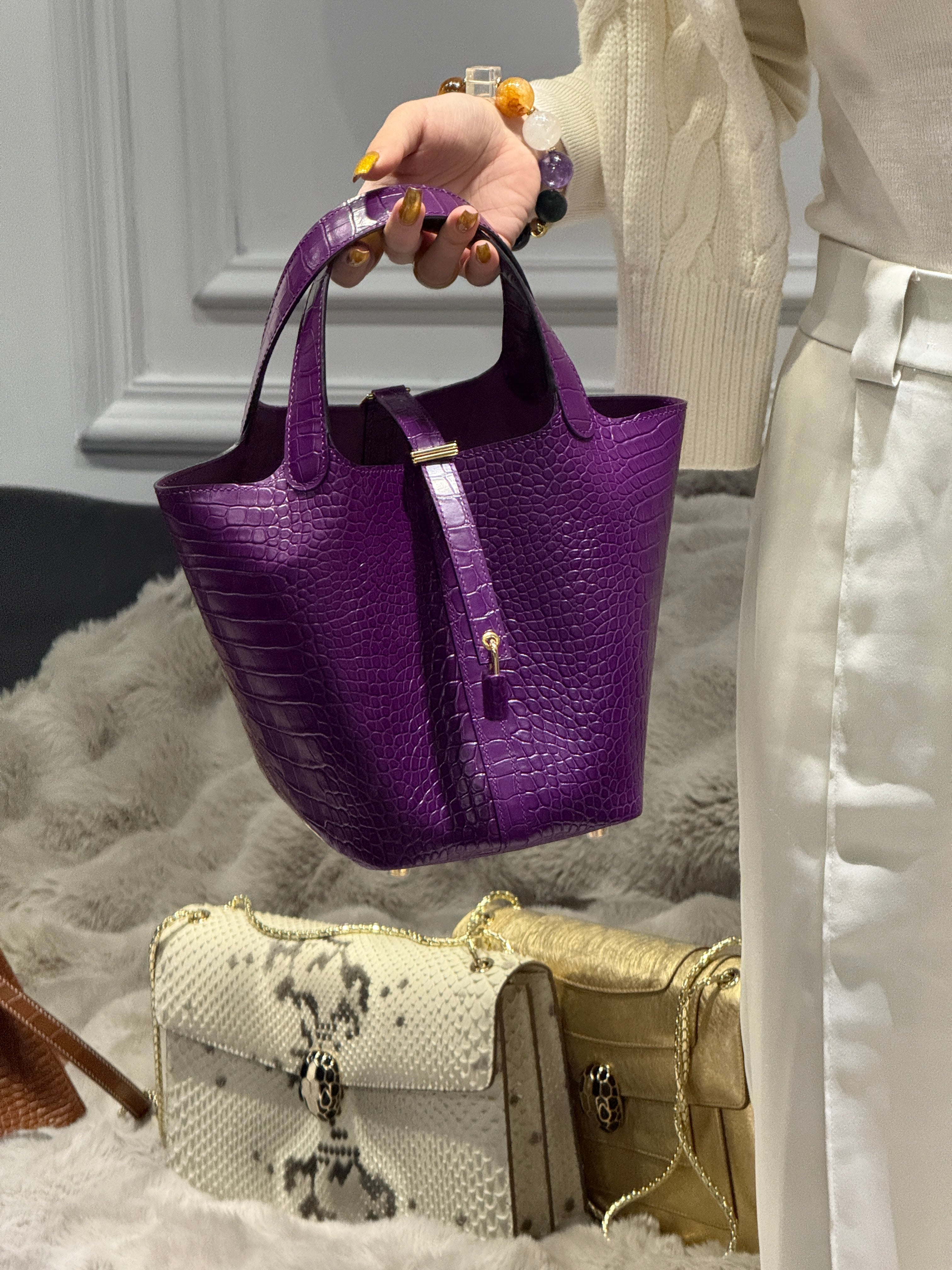 18cm Original Handcrafted Bag With Cowhide And Crocodile Pattern