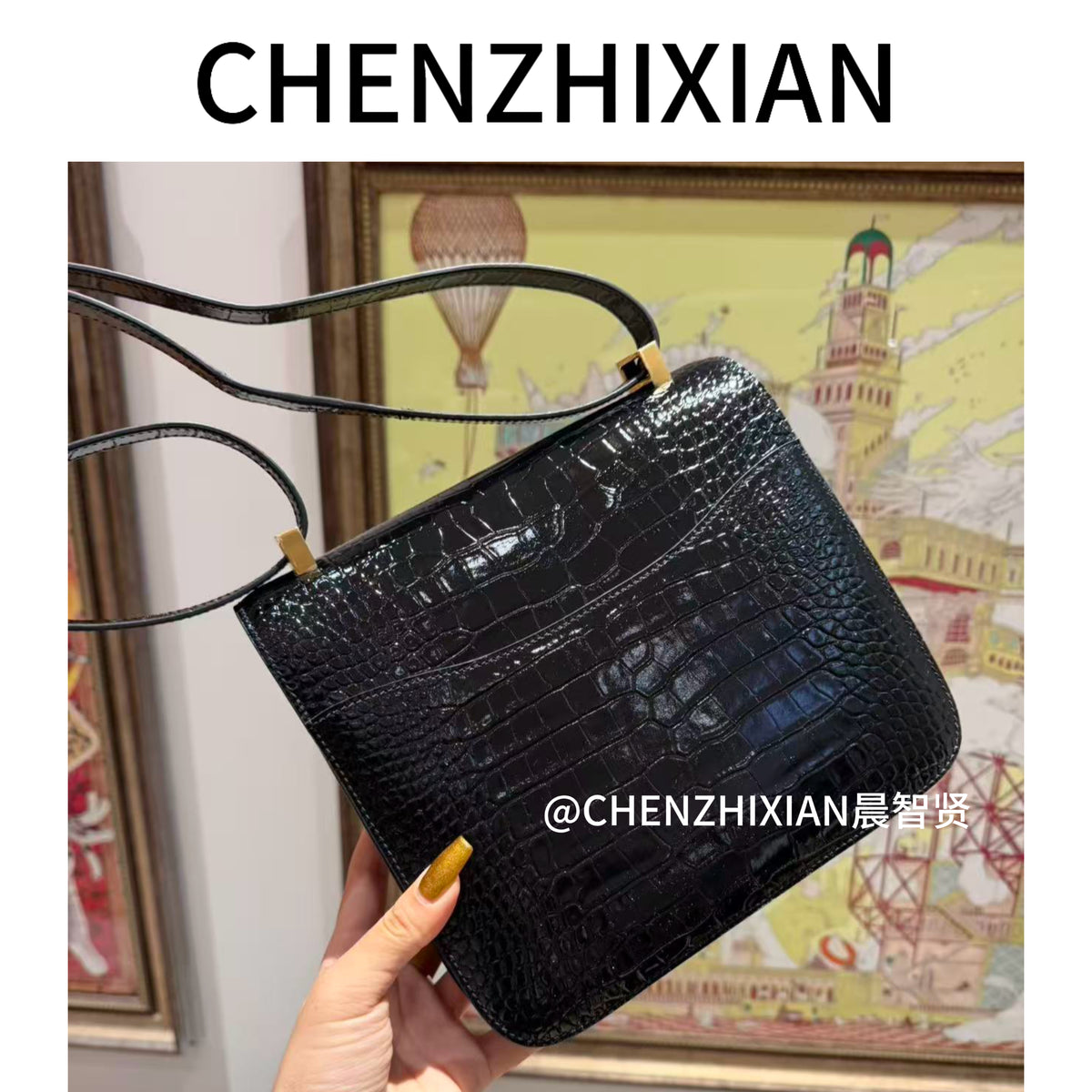 24cm Original Flower Lizard and Black Crocodile Single Shoulder Bag - Made with Embossed Leather