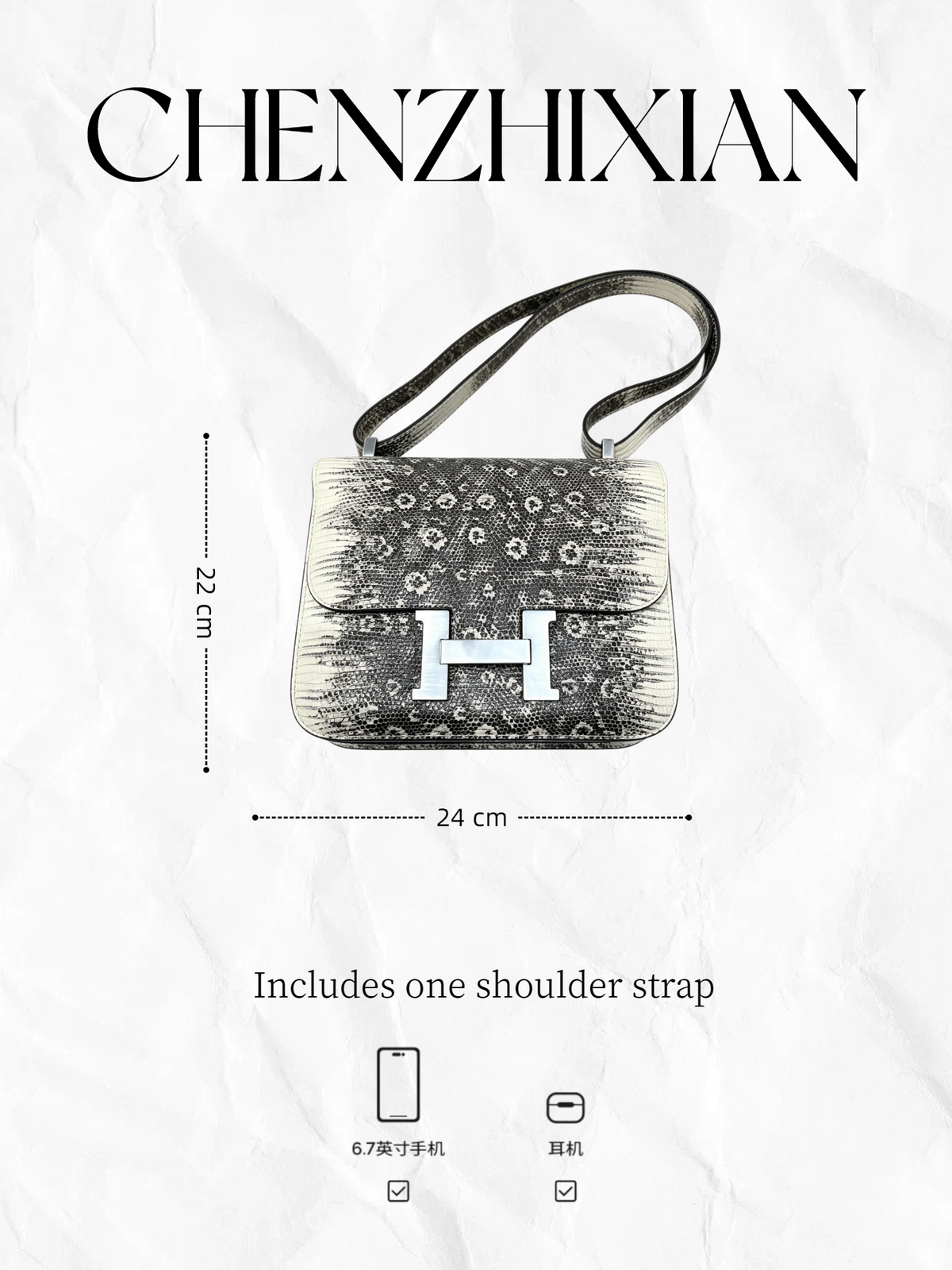 24cm Original Flower Lizard and Black Crocodile Single Shoulder Bag - Made with Embossed Leather