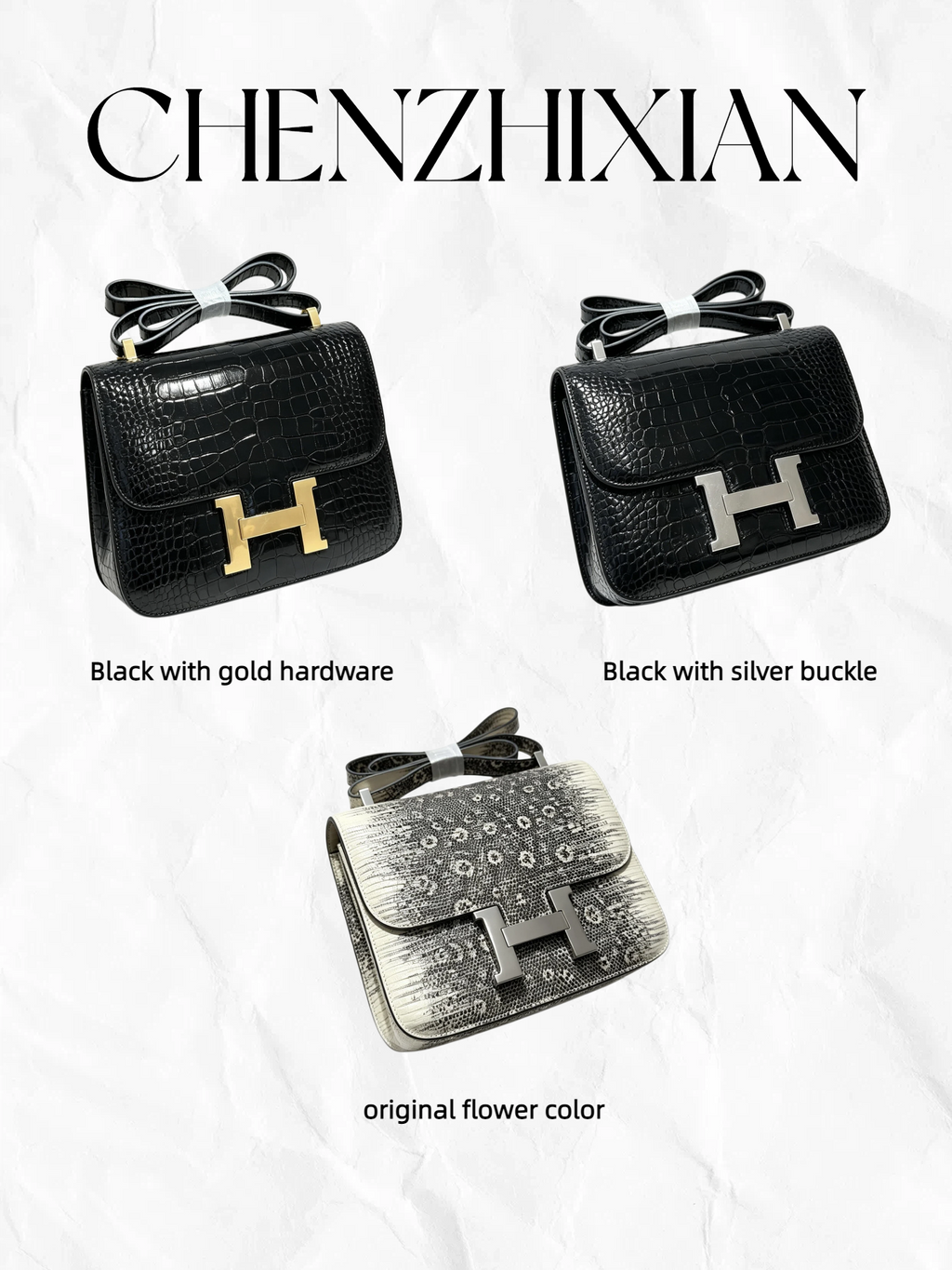 24cm Original Flower Lizard and Black Crocodile Single Shoulder Bag - Made with Embossed Leather