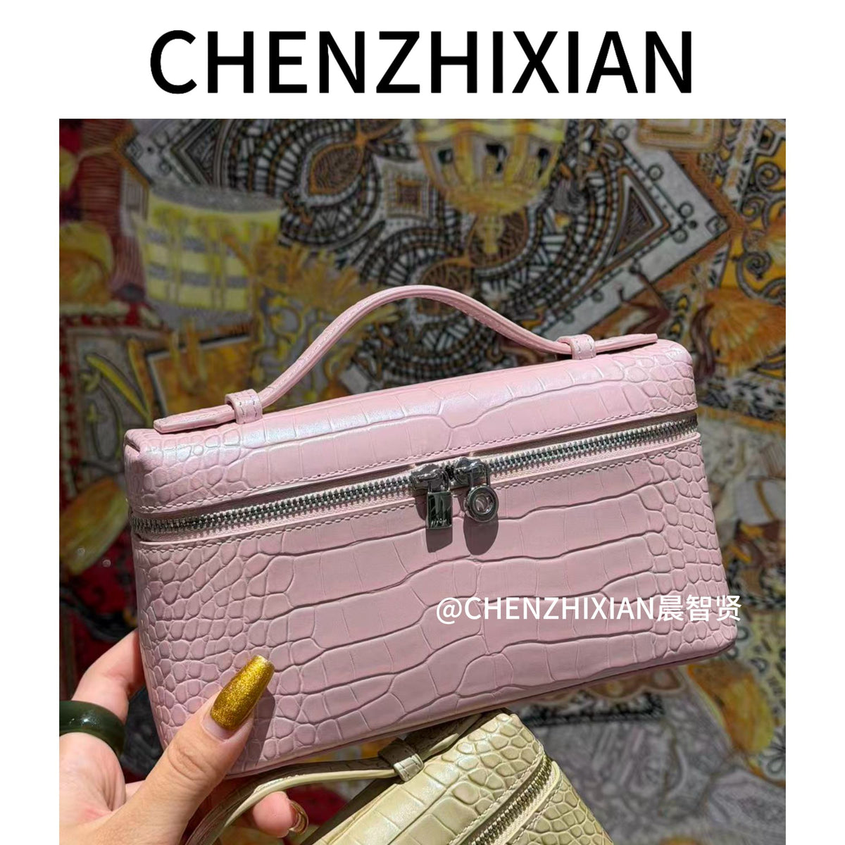 19cm pearl gold and pearl pink crocodile-embossed lunchbox bag