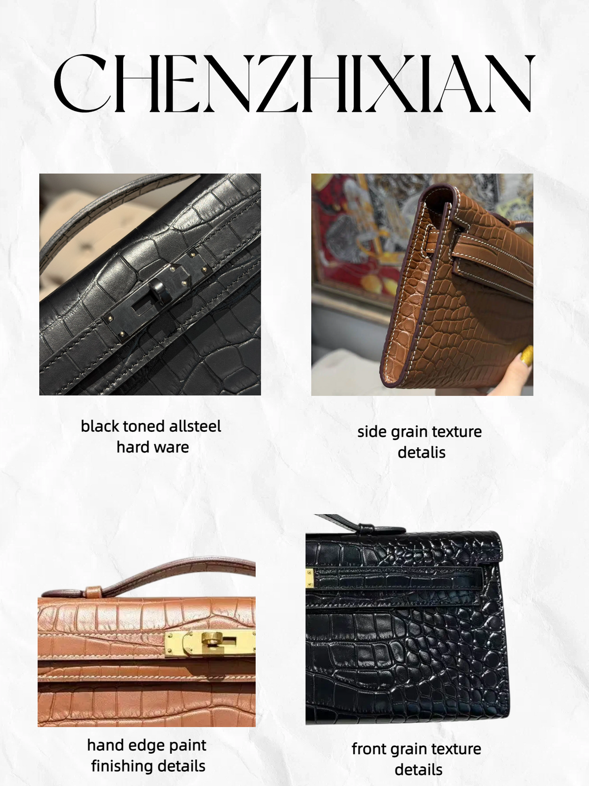 31cm crocodile-embossed handbag, made of cowhide leather, with all-steel hardware.