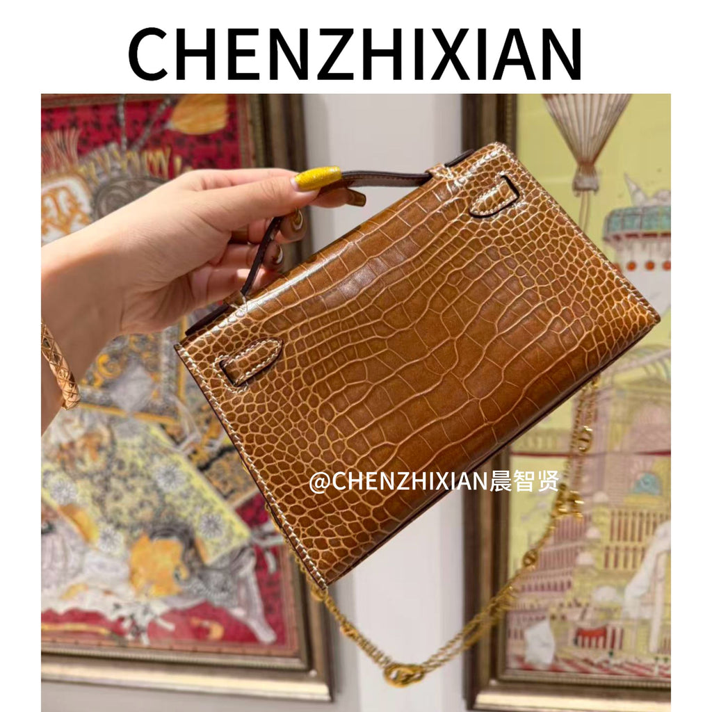 22cm Original Handmade Bag With Cowhide And Crocodile Pattern