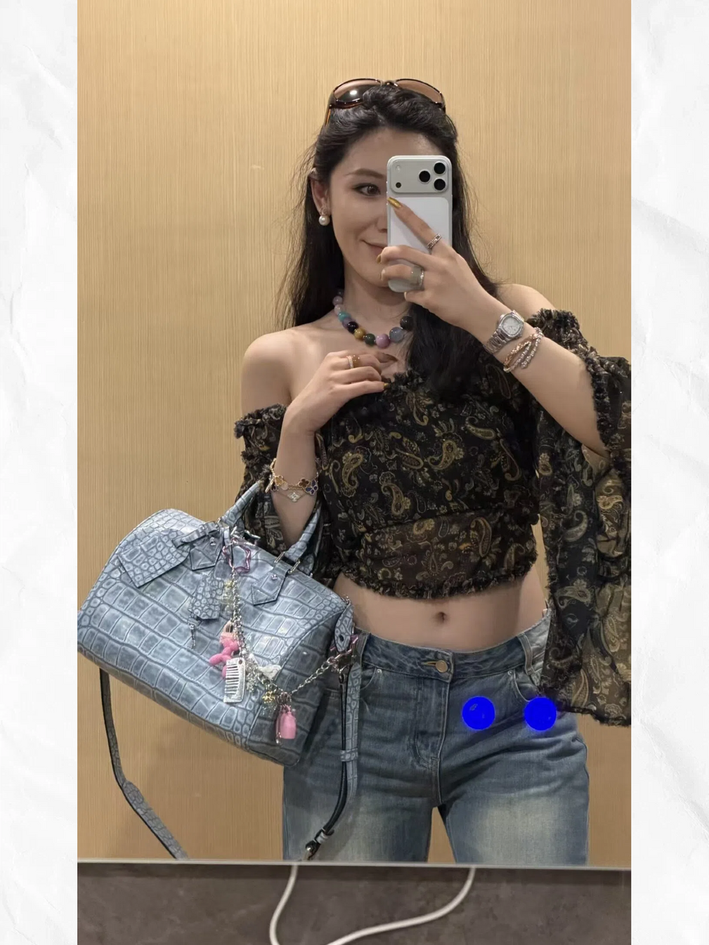 30cm Denim Blue Distressed Croc Embossed Tote Crossbody Bag