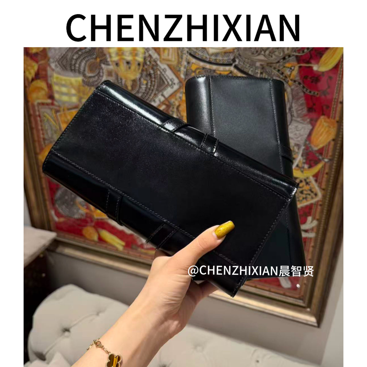 26cm black long clutch bag with box leather