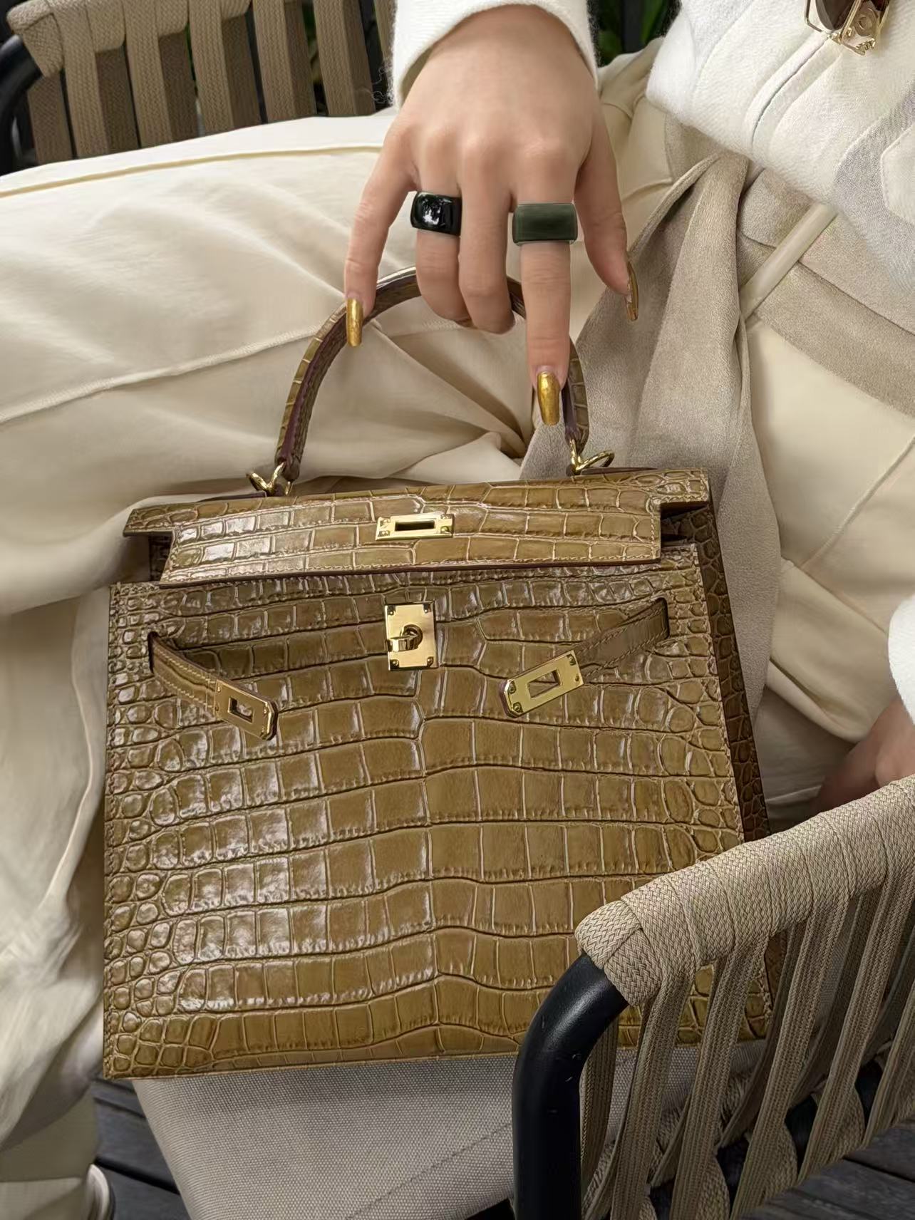 25cm Original Handmade Bag With Cowhide And Crocodile Pattern