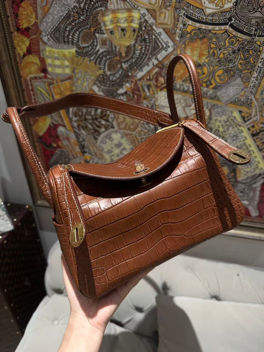 26cm Original Handmade Bag With Cowhide And Crocodile Pattern