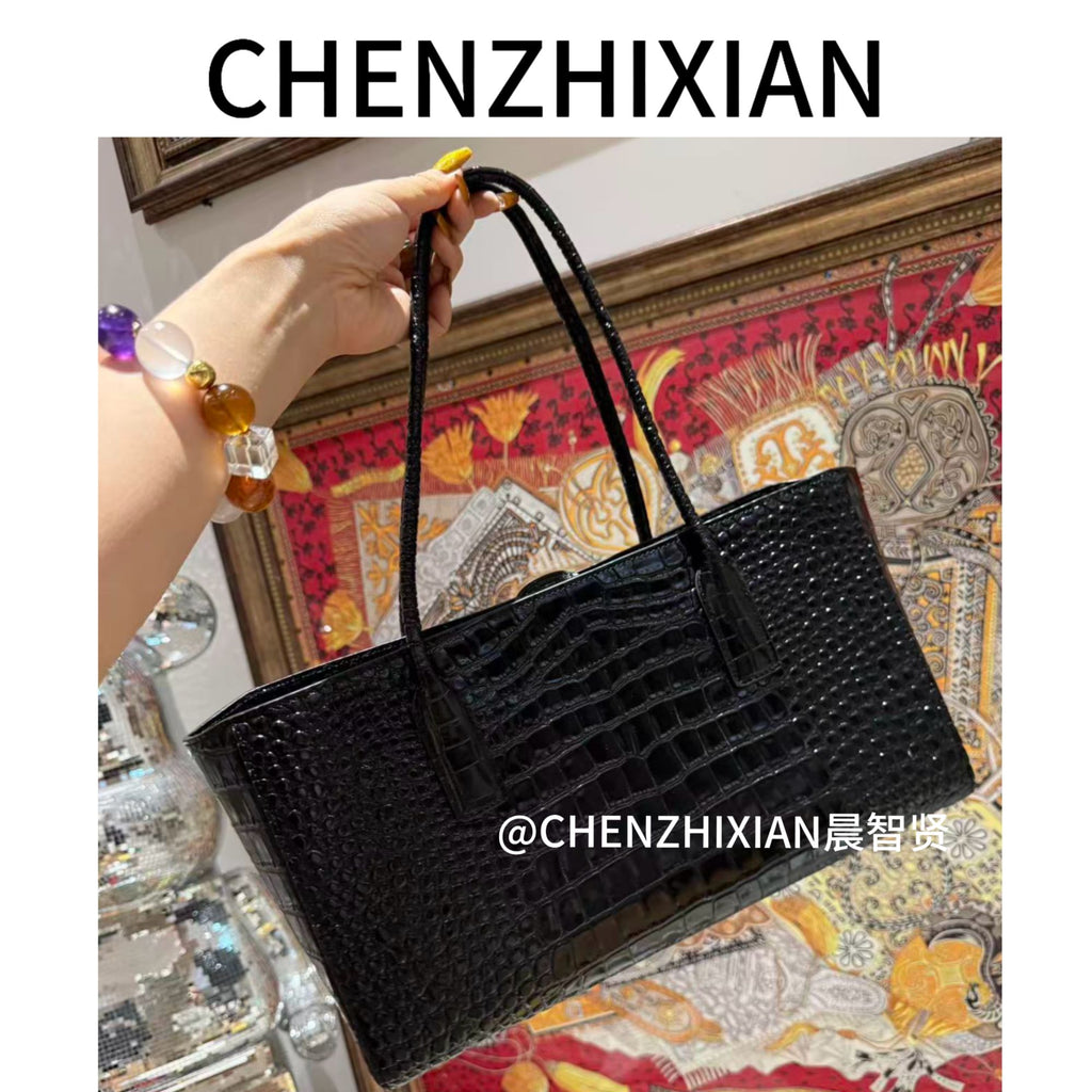 35cm mint green crocodile embossed and black tote bag
