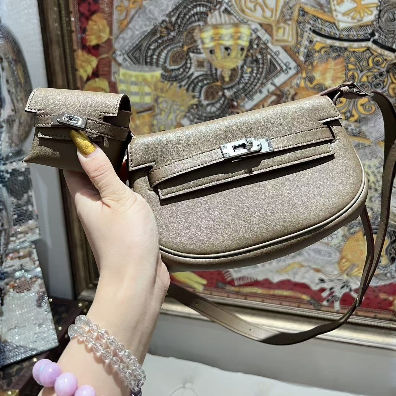 Elephant gray and golden brown mother-and-daughter bag