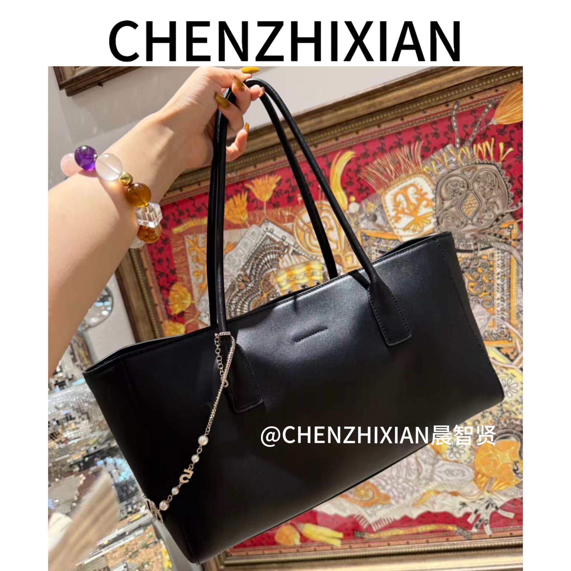 35cm mint green crocodile embossed and black tote bag