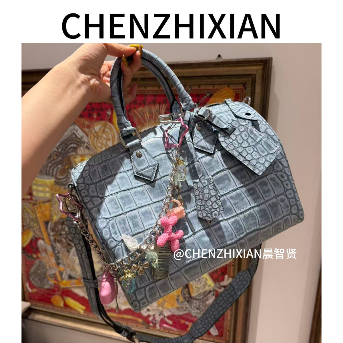 30cm Denim Blue Distressed Croc Embossed Tote Crossbody Bag